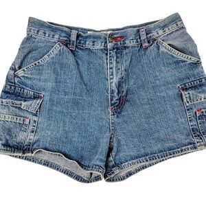 Original Threads Women Denim Cargo Shorts Med Wash Red Contrast Stitch Size 9/10